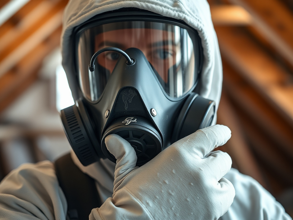 Close-up of a spray foam technician's full PPE, gloves, and respirator seal