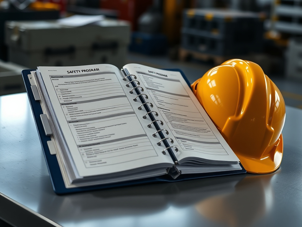 Safety program binder and checklists laid out on a job-site table